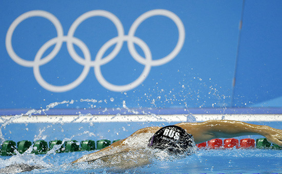 Во время соревнований по плаванию на Олимпийских играх, в воскресенье в Рио-де-Жанейро. 7 августа 2016 года


