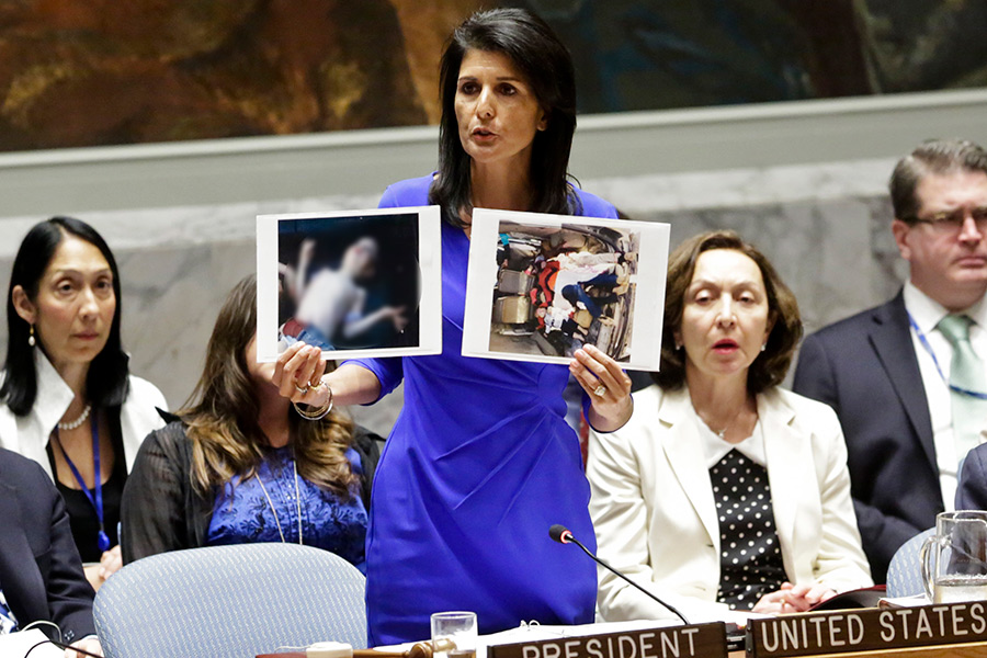 Представитель США в ООН Никки Хейли показывает фотографии сирийских жертв химической атаки




