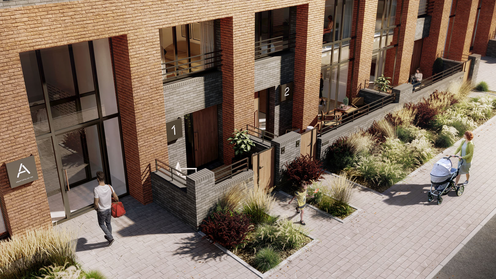 Отдельные входы в квартиры с улицы придают городскому жилью загородную функцию и повышает приватность проживания