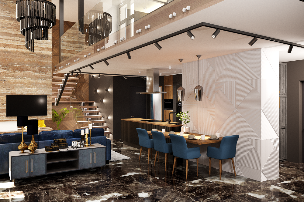 Дизайн интерьера хайфлэта площадью 113,3 кв. м . Эргономика хайфлэта позволяет его зонировать пространство под нужды всей семьи.