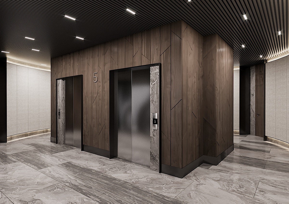Бесшумные лифты, выполненные по эксклюзивному заказу, опускаются на парковочные этажи. Всего в двухуровневом паркинге 47 мест