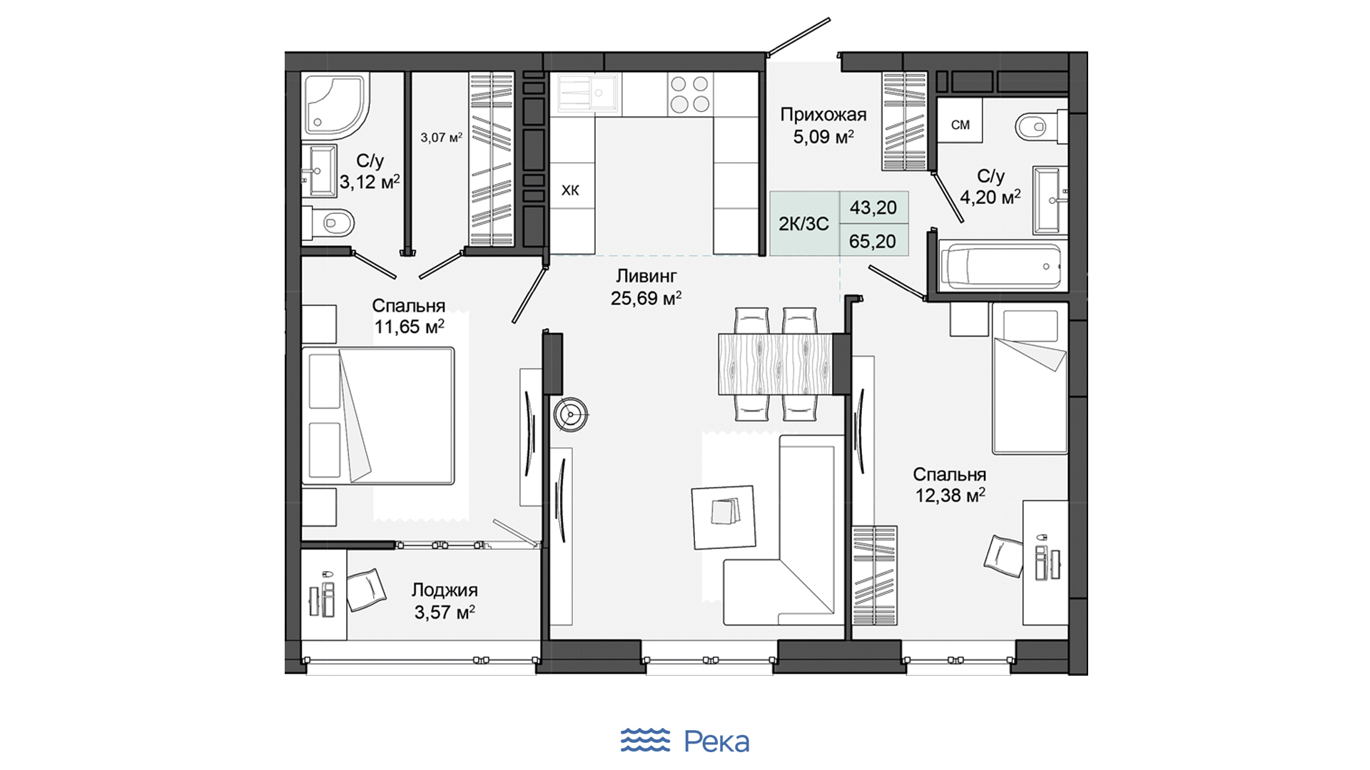 В планировке двухкомнатной квартиры интересно расположение кухонной зоны, отеленное от столовой-гостиной проходом