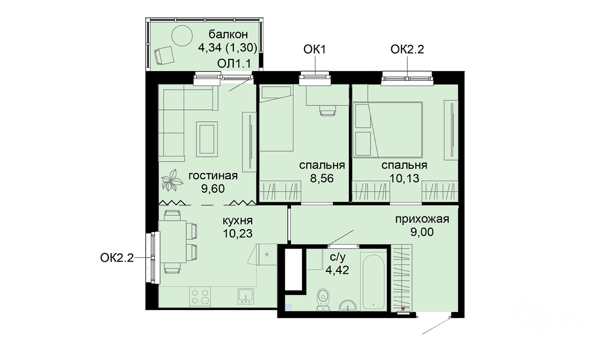 Рядом со спальней можно сделать детскую комнату, а стену между кухней и гостиной — снести, получив пространство площадью в 20 м2. Фото: ЮИТ