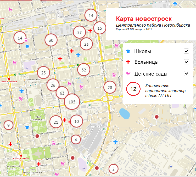 Новостройки новосибирска карта