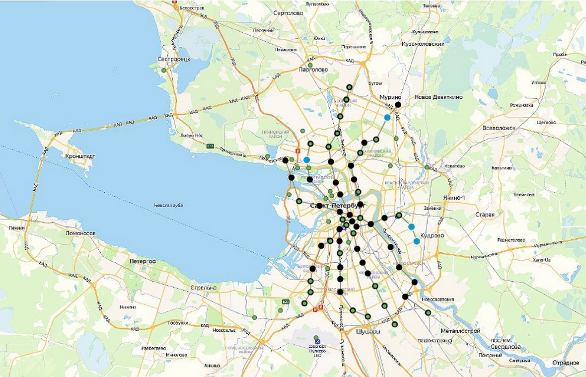Схема действующего метрополитена и проектируемых ТПУ в Петербурге