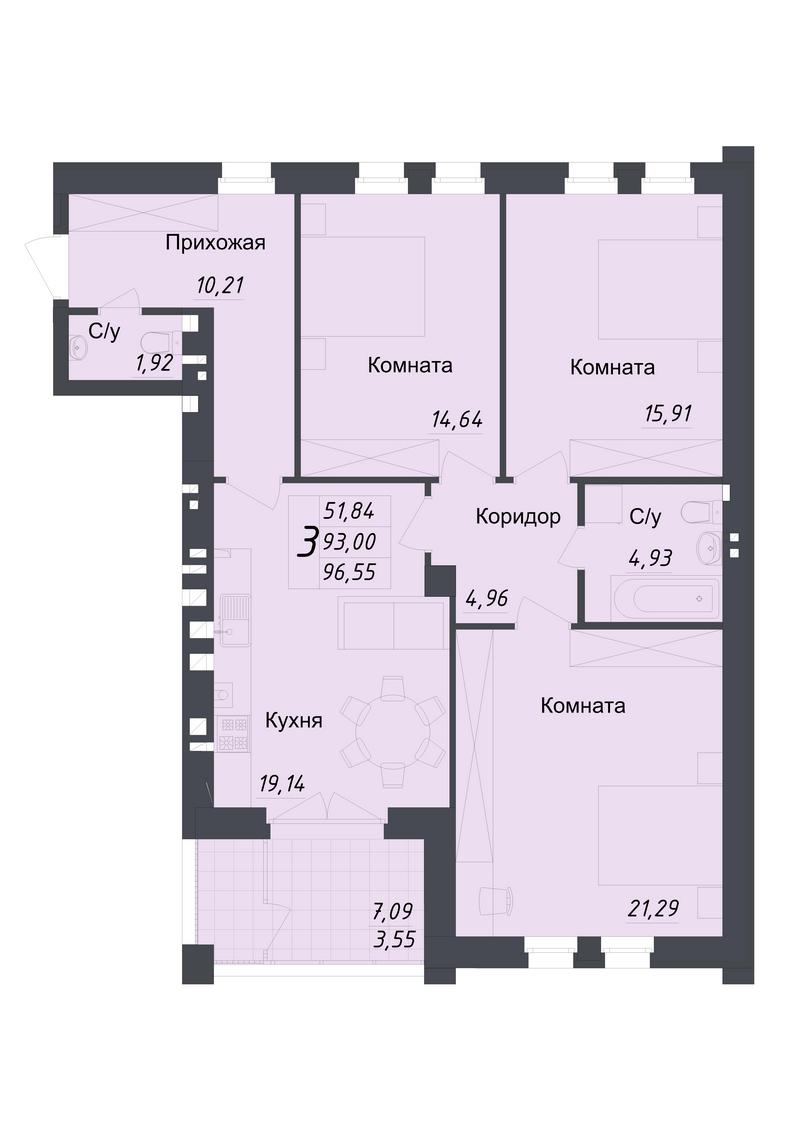 Вариант планировки трехкомнатной квартиры, изображение предоставлено ГК  «Альянс»