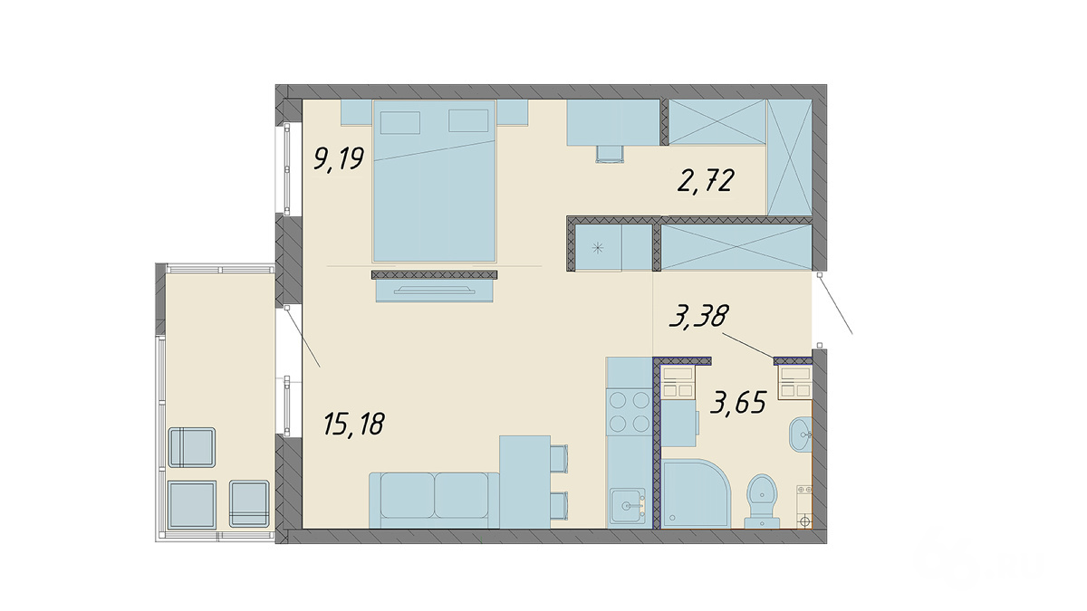 Общая площадь квартиры — всего 34 м2. В ней уместились: санузел, кухня-гостиная, спальня, рабочее пространство и гардеробная. В типовой однокомнатной хрущевке на 31 м2 на кухню уходило 6 м2, а 18 — на спальню, которая брала на себя роль и гардеробной, и гостиной. Фото: ЮИТ