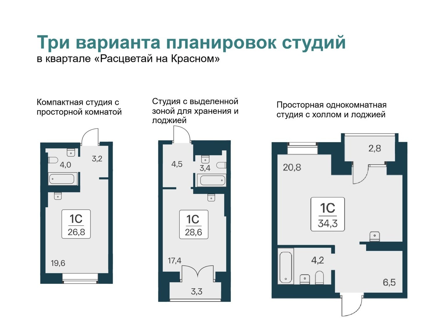 В «Расцветай на Красном» представлены квартиры-студии разных планировочных решений