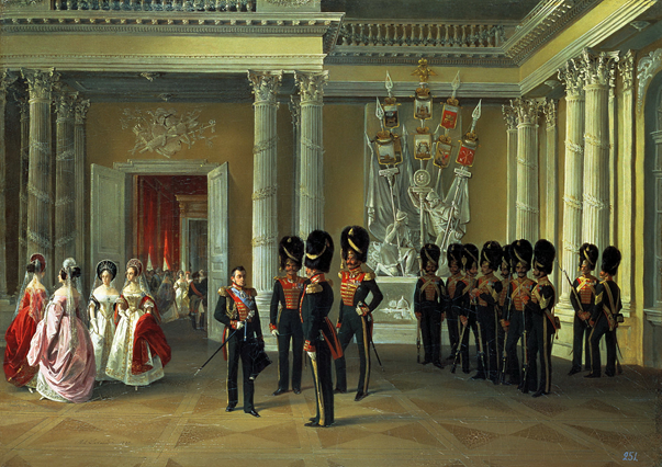 Гербовый зал Зимнего дворца, Эдуард Гау. 1863 г. Одно из самых больших парадных помещений Зимнего дворца, использовалось в качестве аванзала дворца. Площадь — 1000 квадратных метров. Оформлен и спроектирован В. П. Стасовым в 1839 году.