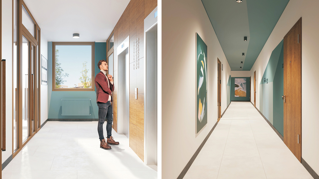 Дом на Лучистой. Дизайн вестибюлей, лифтовых холлов, межквартирных коридоров разрабатывают с профессиональными дизайнерами, чтобы каждый дом получился индивидуальным, а места общего пользования — уютными и одновременно практичными.