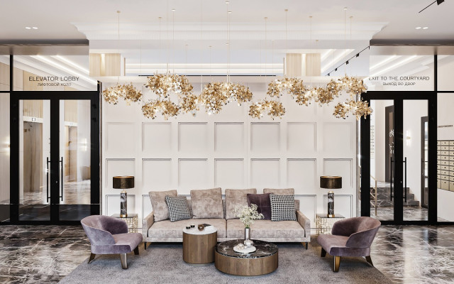 Вестибюль дома CHICAGO напоминает атмосферу роскошного отеля, где каждая деталь — на своем месте
