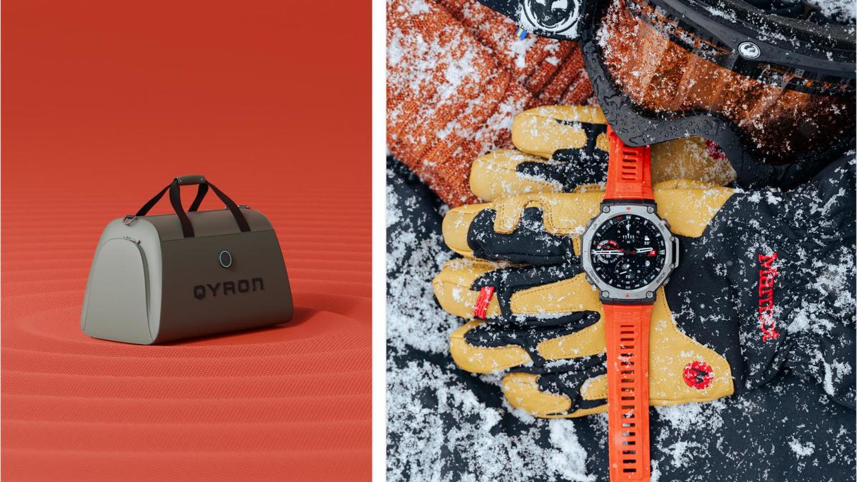 Слева: Спортивная сумка QYRON. Справа: Смарт-часы Amazfit T-Rex 3