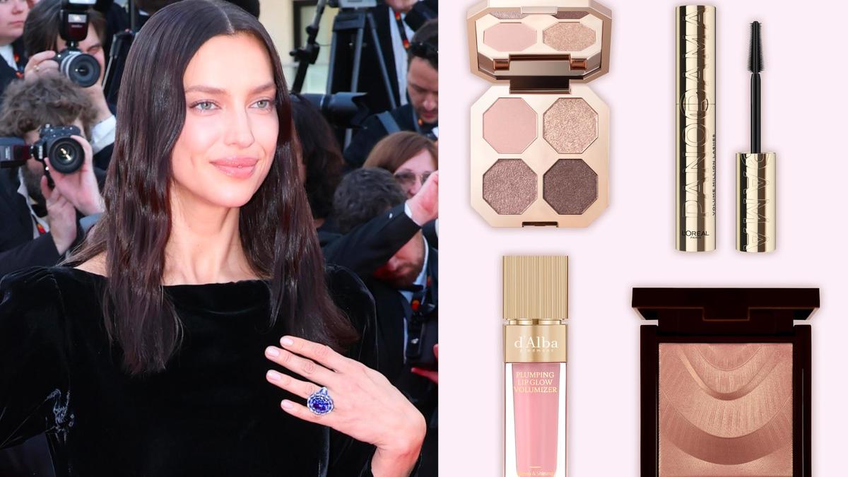 Слева: Ирина Шейк. Справа: палетка теней для век Dream velvet eyeshadow palette, Delicate, Dear Dahlia, 3930 руб. (Ozon); тушь для ресниц Volume Million Lashes Panorama, оттенок черный, L&#39;Oreal Paris, 783 руб. (Лэтуаль); блеск-плампер для губ Plumping Lip Glow Mood Volumizer, оттенок Feeble Pink, d&#39;Alba, 2475 руб. (Ozon); компактный хайлайтер для лица, оттенок 1 Prismatic Romance, Colorbar, 5880 руб. (&laquo;Рив Гош&raquo;)