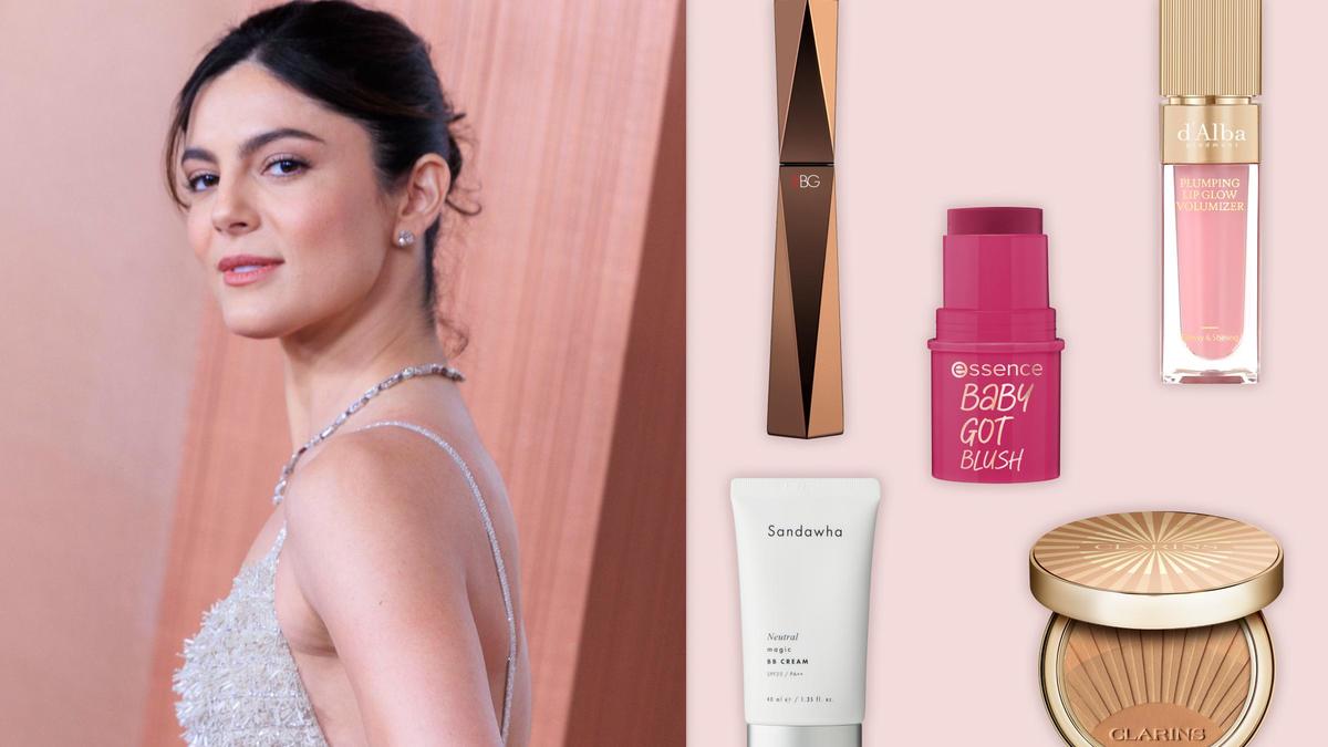 Слева: Моника Барбаро. Справа: термотушь для ресниц «Московский шоколад», оттенок коричневый, RBG, 1520 руб. (r-b-g.ru); румяна baby got, оттенок 50 cherry cherry baby, Essence, 339 руб. («Золотое яблоко»); блеск-плампер для губ Plumping Lip Glow Mood Volumizer, оттенок Feeble Pink, d'Alba, 2475 руб. (Ozon); увлажняющий солнцезащитный BB-крем Neutral Magic SPF 25, Sandawha, 5590 руб. (sandawha.ru); бронзирующая пудра Bronzing Powder Summer Collection, Clarins, цена по запросу («Рив Гош»)