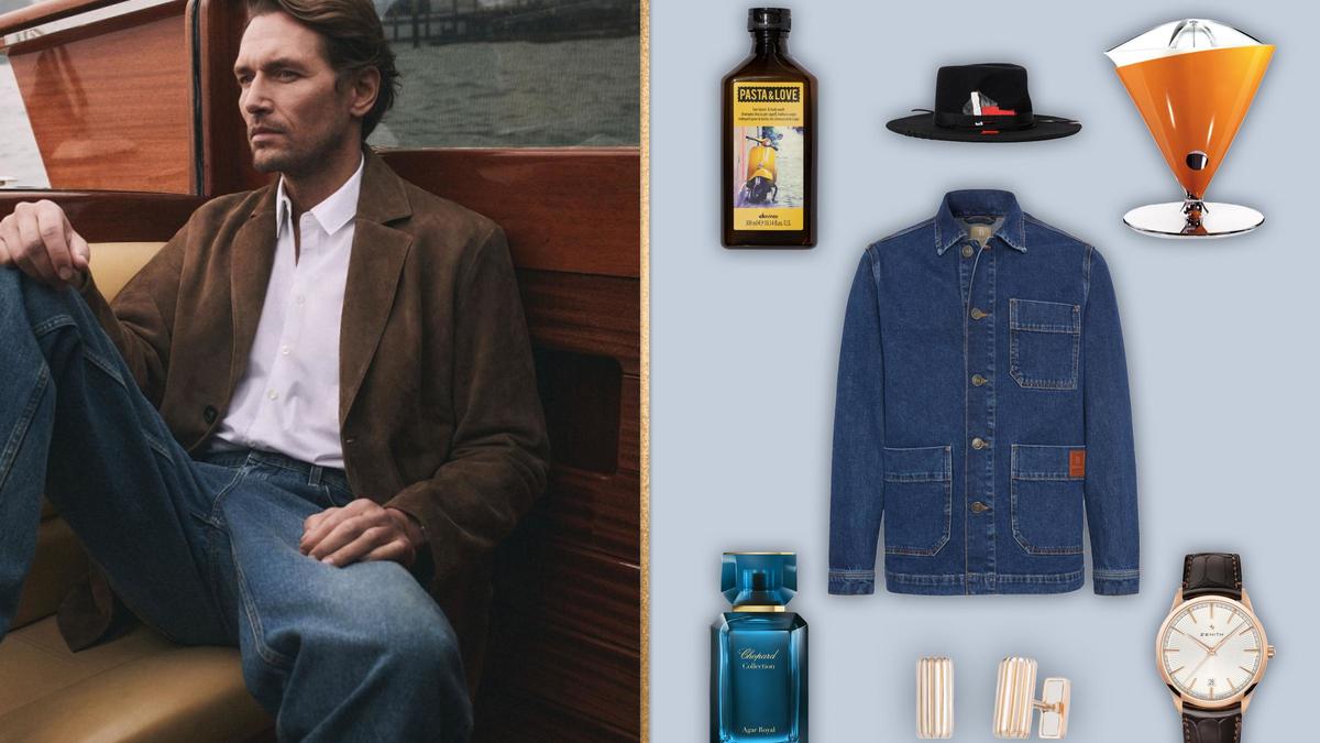 Слева направо: пиджак Suave из замши, (169 980 руб.), рубашка Albini (18 980 руб.), джинсы Straight 321 (14 980 руб.) — все 12Storeez, (12Storeez); шампунь для ухода за волосами, бородой и телом, Pasta & Love, Davines, 3380 руб. (davines.ru); шляпа Lover, Cocoshnick, 22 000 руб. (Cocoshnick); электрическая соковыжималка Vita, Bugatti, 26 990 руб. («Стокманн»); куртка-рубашка, Boggi Milano, 26 500 руб. (Boggi Milano); парфюмерная вода Garden of kings nuit des rois, Chopard, 22 200 руб. («Золотое яблоко»); запонки Mercury, 552 000 руб. (Mercury); часы Classic, Zenith, от 2 340 000 руб. (ЦУМ)