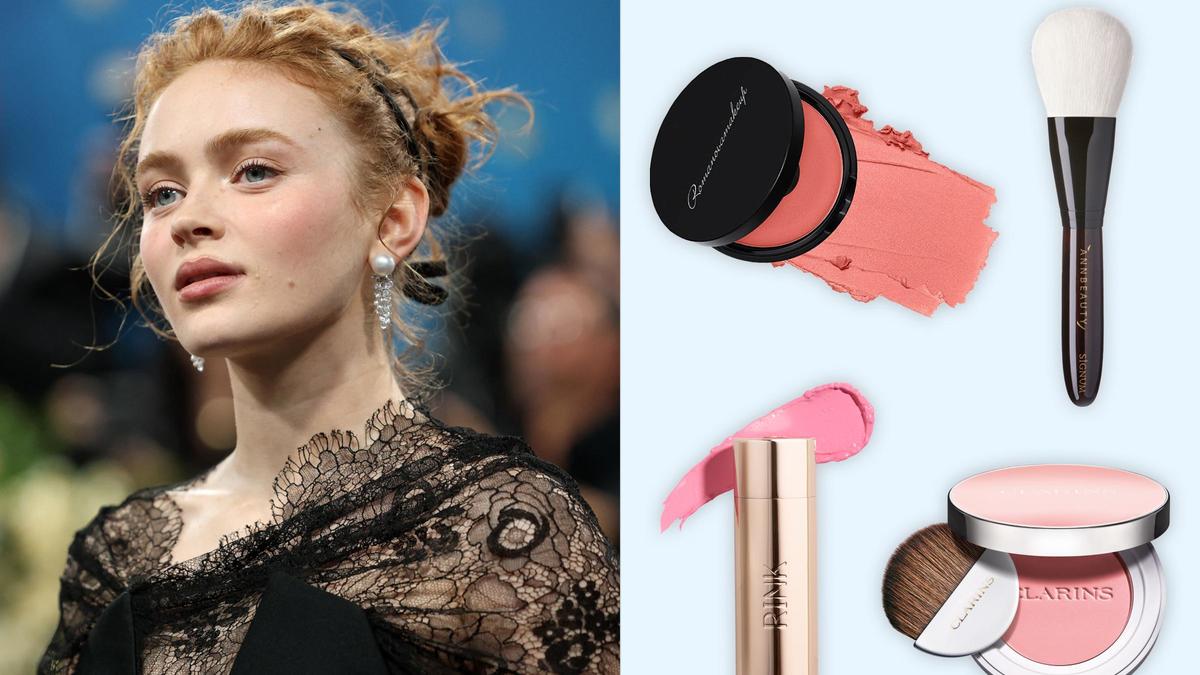 Слева: Сэди Синк. Справа: кремовые румяна Sexy Cream Blusher, оттенок Good girl, Romanovamakeup, 3700 руб. (romanovamakeup.com); кисть Signum Bronze с ворсом белоснежной козы ручка из эбенового дерева, Annbeauty, 16 900 руб. (annbeautystore.ru); кремовые румяна, оттенок Lychee, Rink, 4900 руб. (rinkbeauty.com); компактные румяна для лица, оттенок 01 cheeky baby, Clarins, 3145 руб. («Рив Гош»)