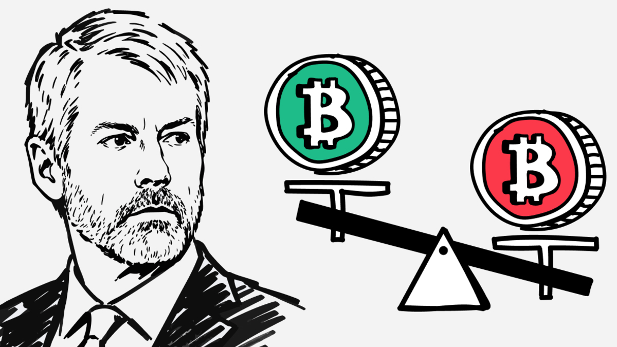 Иллюстрация с весами, на которых изображены биткоины разных цветов.