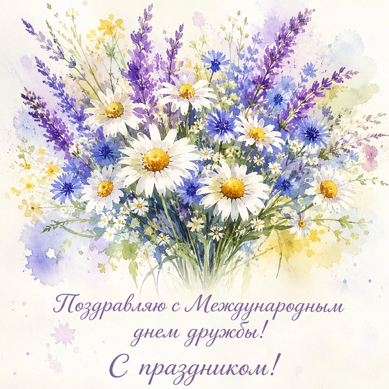 Акварельная открытка с букетом полевых цветов ко Дню дружбы