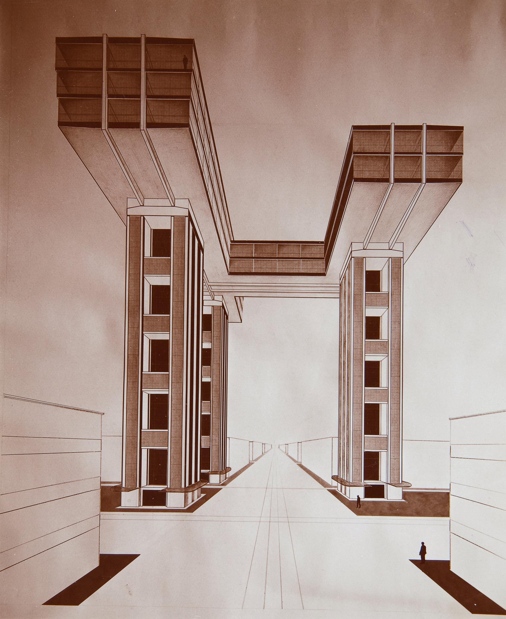 Эль Лисицкий, проект горизонтального небоскреба на площади у Никитских ворот в Москве,&nbsp;1924-25
