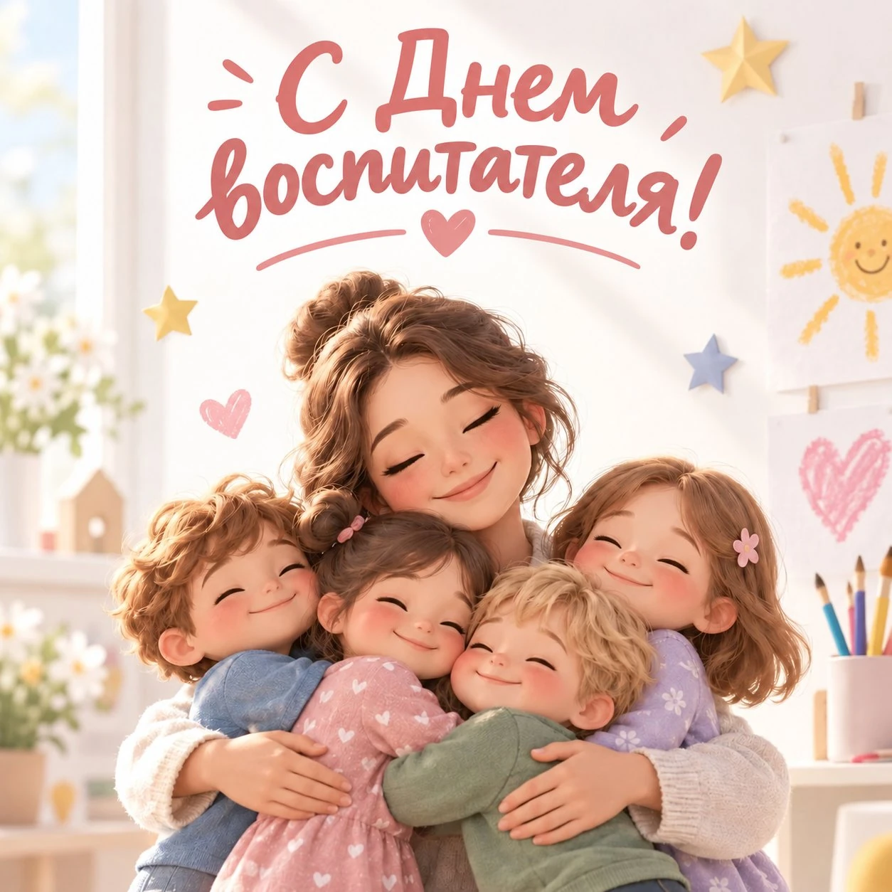 Милая открытка ко Дню воспитателя с детьми