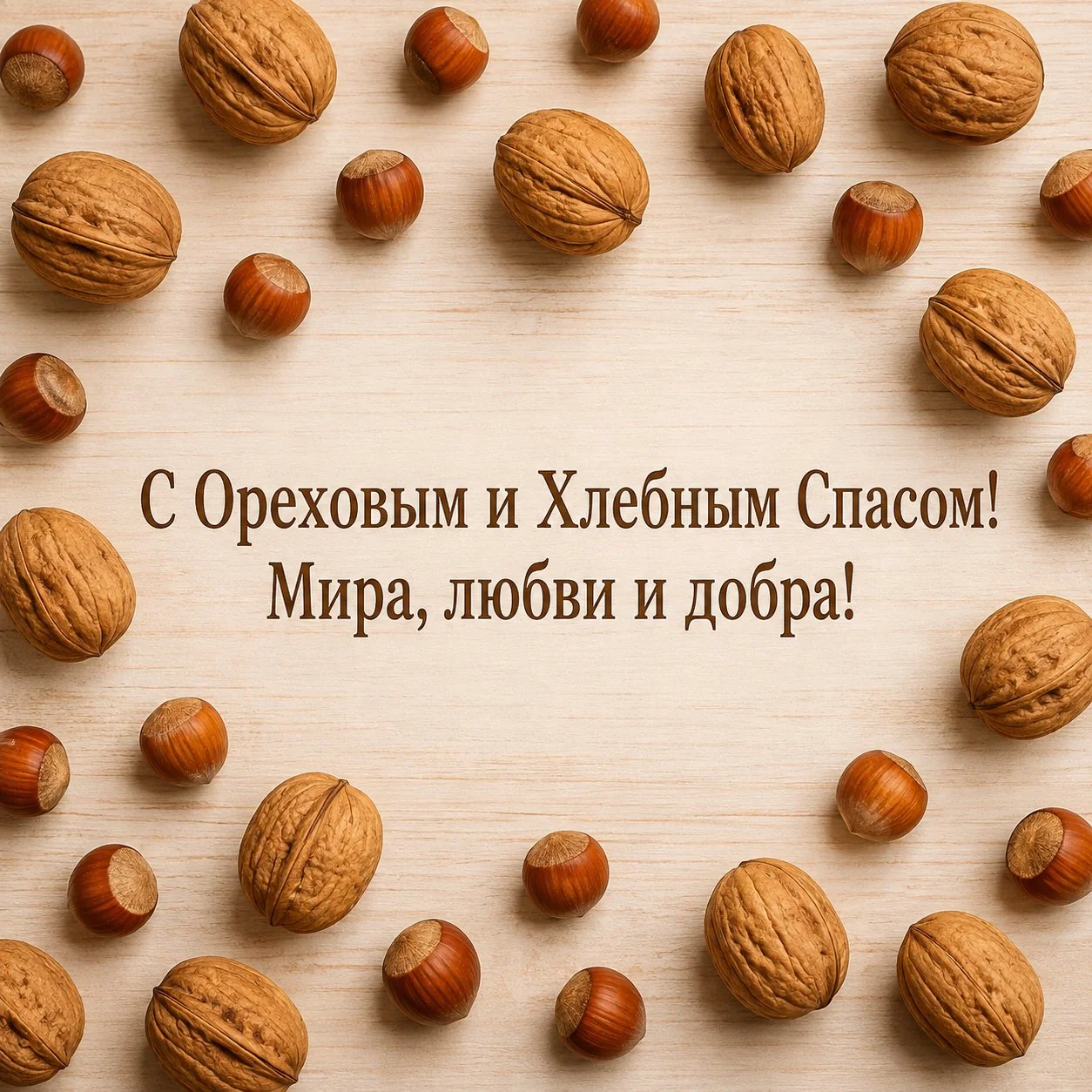 Открытка с Ореховым и Хлебным Спасом с пожеланием мира и добра