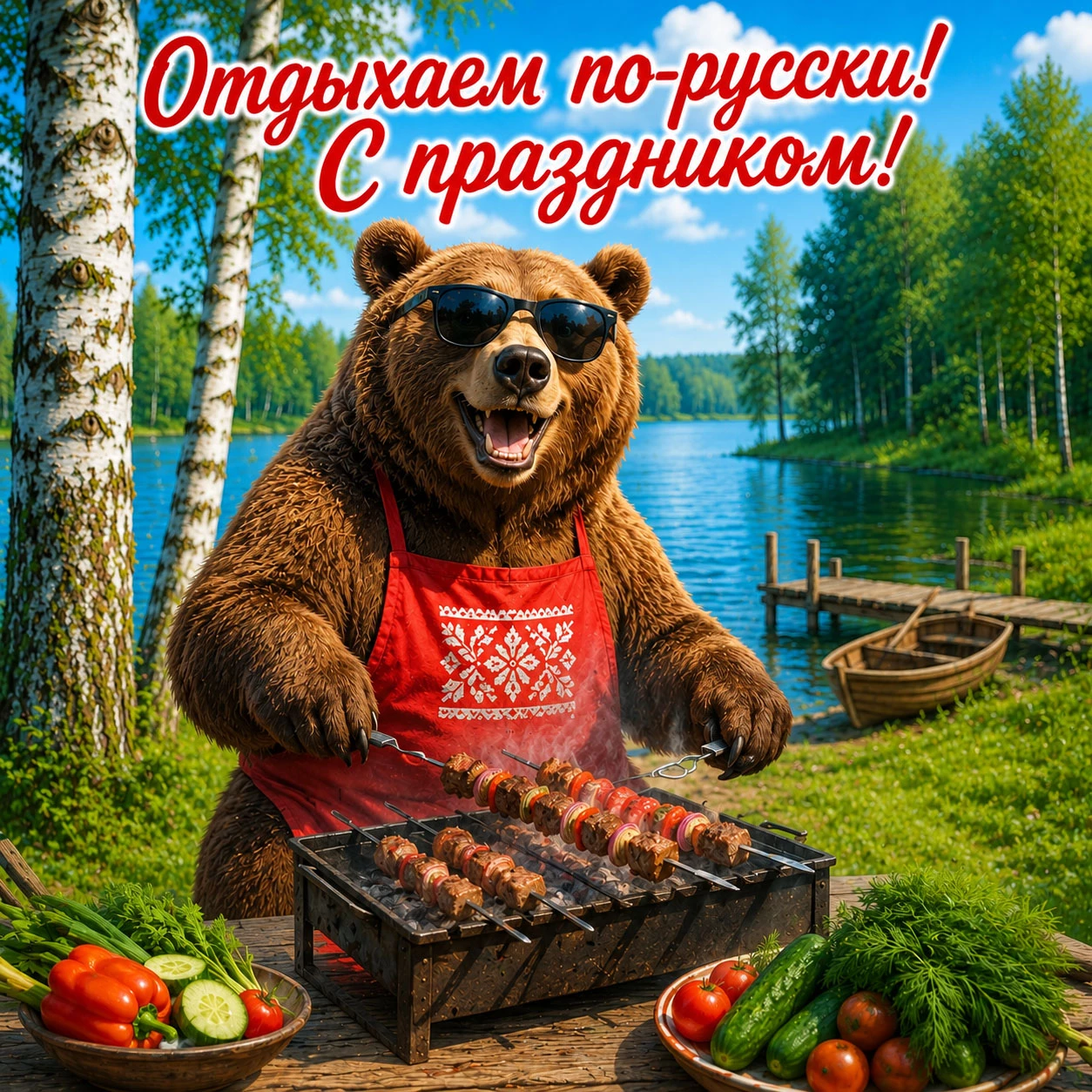 Медведь в очках жарит шашлык