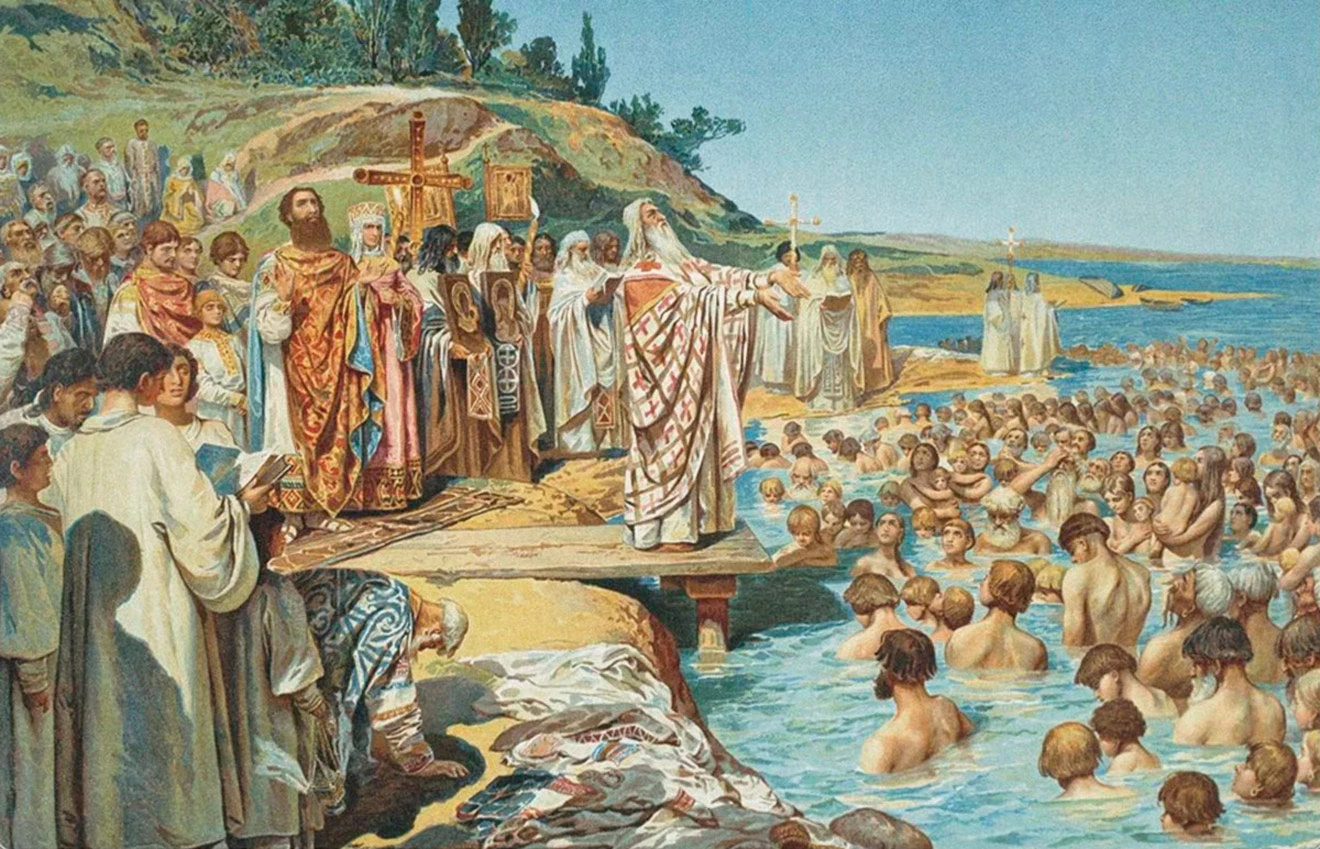<p>Крещение киевлян. Литография Клавдия Лебедева, 1916 год</p>