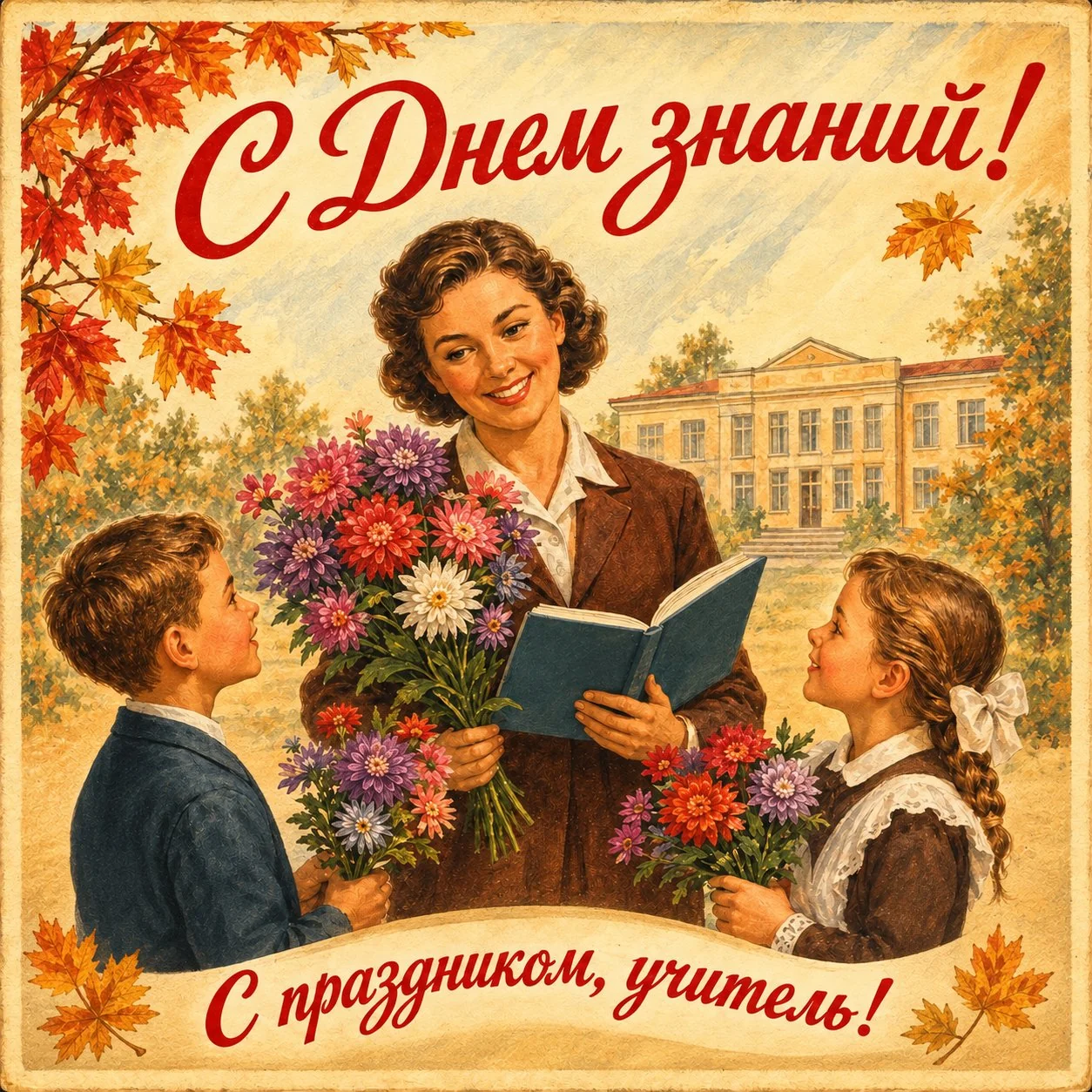 Открытка с Днем знаний учителю в советском стиле
