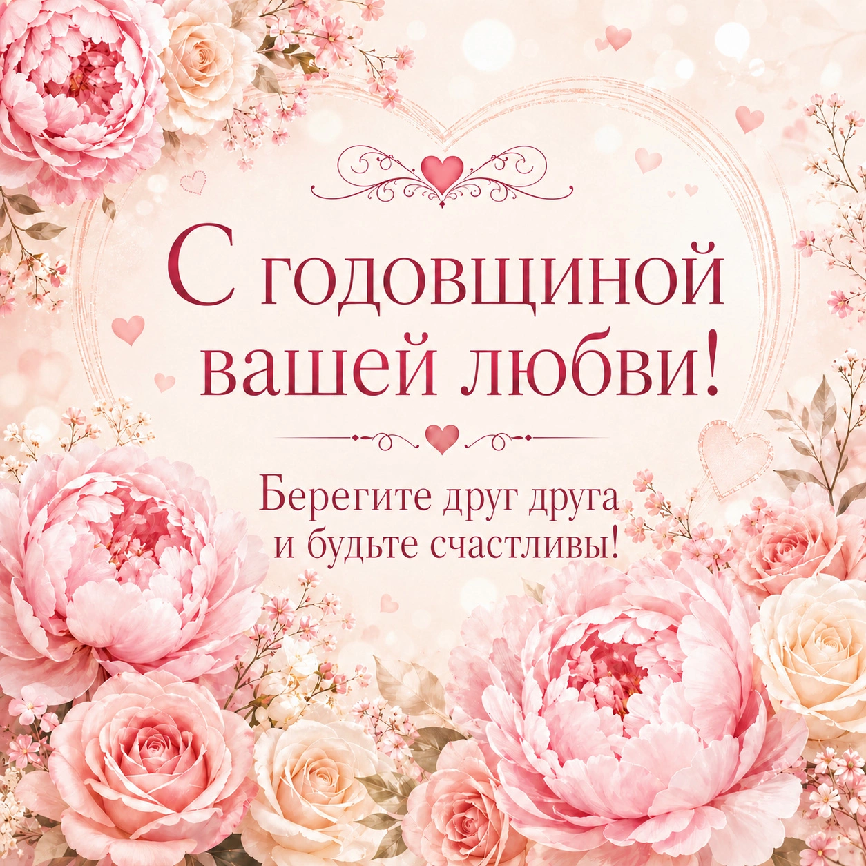 Открытка с пионами и поздравлением с годовщиной свадьбы