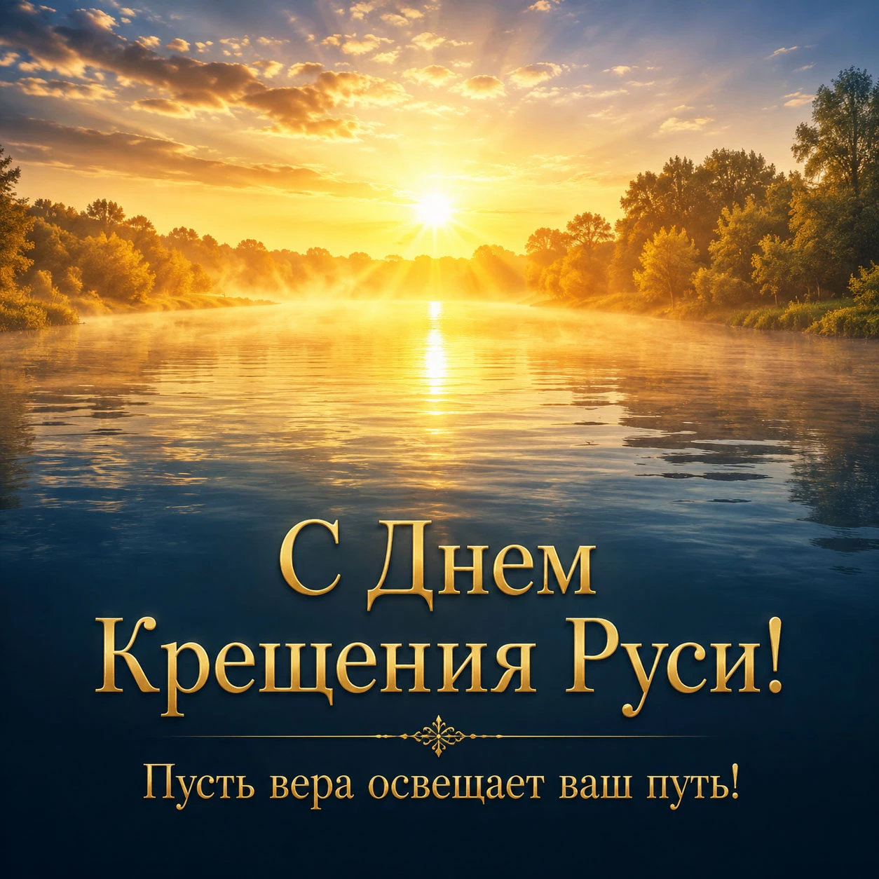 Красивая открытка с Днем Крещения Руси с пожеланием «Пусть вера освещает ваш путь!»