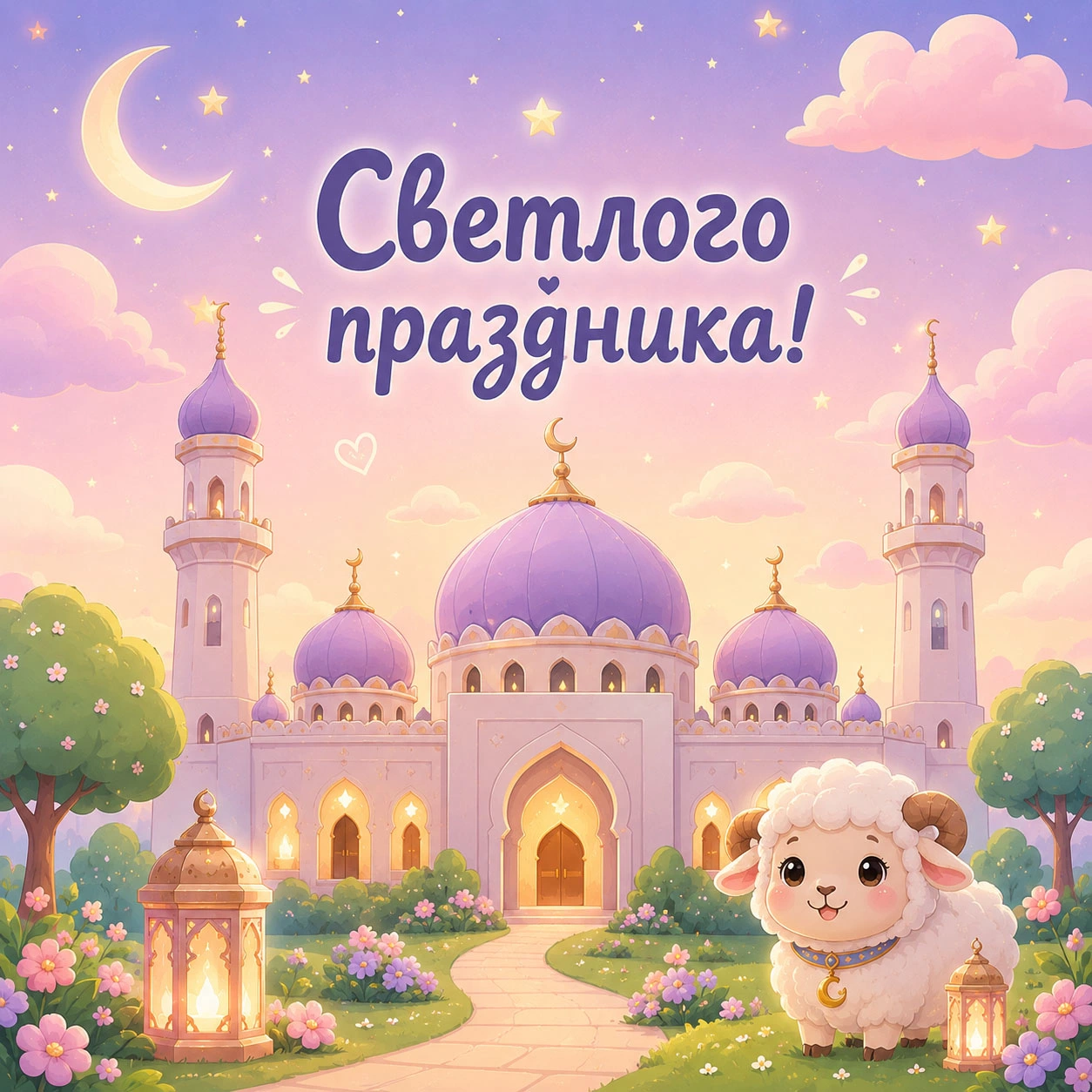 Светлая детская открытка с Курбан-байрамом с мечетью, барашком и пожеланием светлого праздника