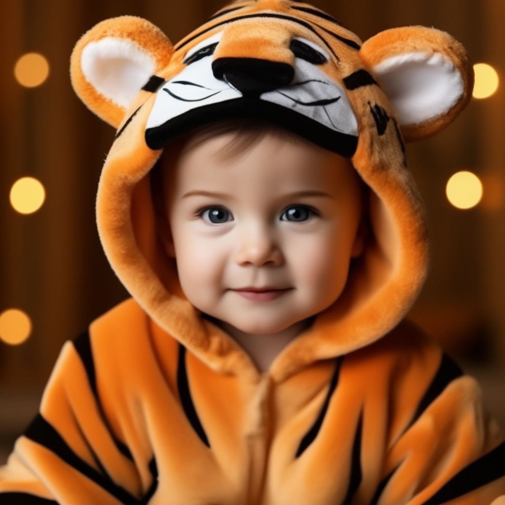 Запрос: портретное фото в студии, младенец в костюме тигренка, правильная анатомия, детальное изображение