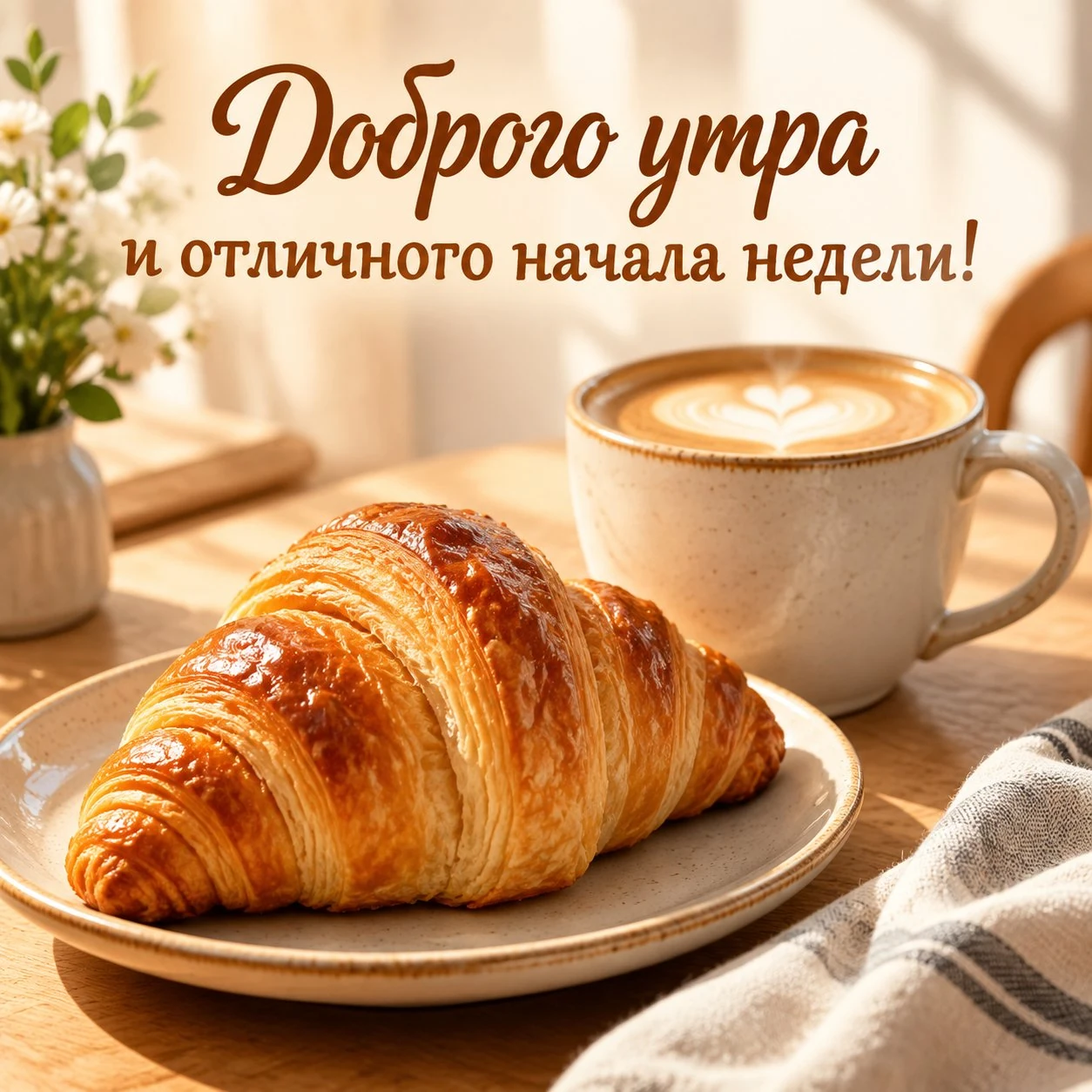 Открытка с круассаном и пожеланием отличного начала недели