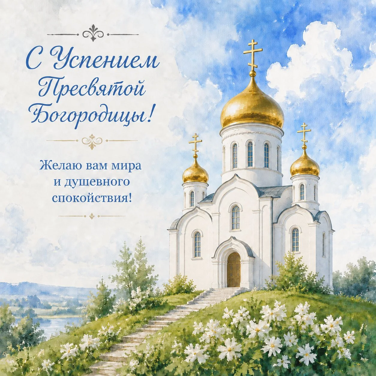 Открытка с Успением Пресвятой Богородицы с пожеланием мира и душевного спокойствия