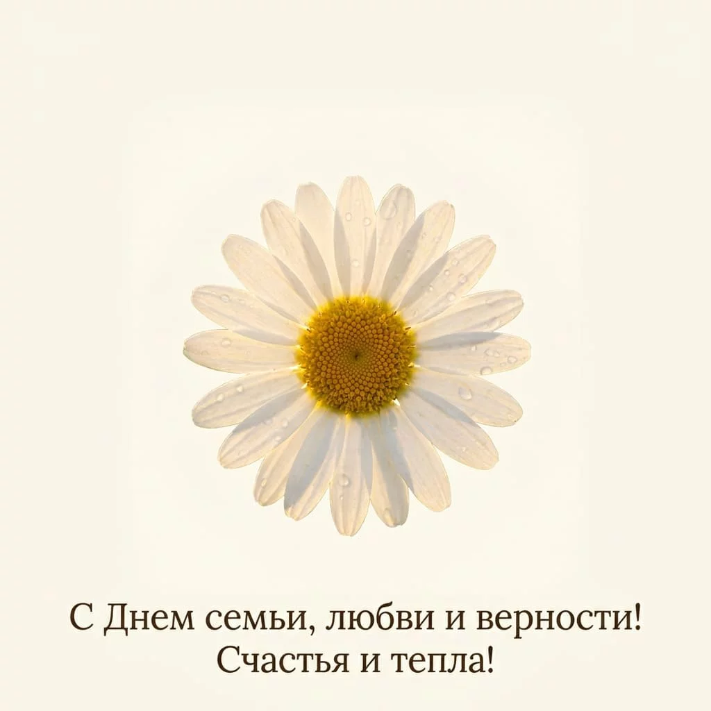 Открытка с ромашкой и поздравлением «С Днем семьи, любви и верности! Счастья и тепла!»