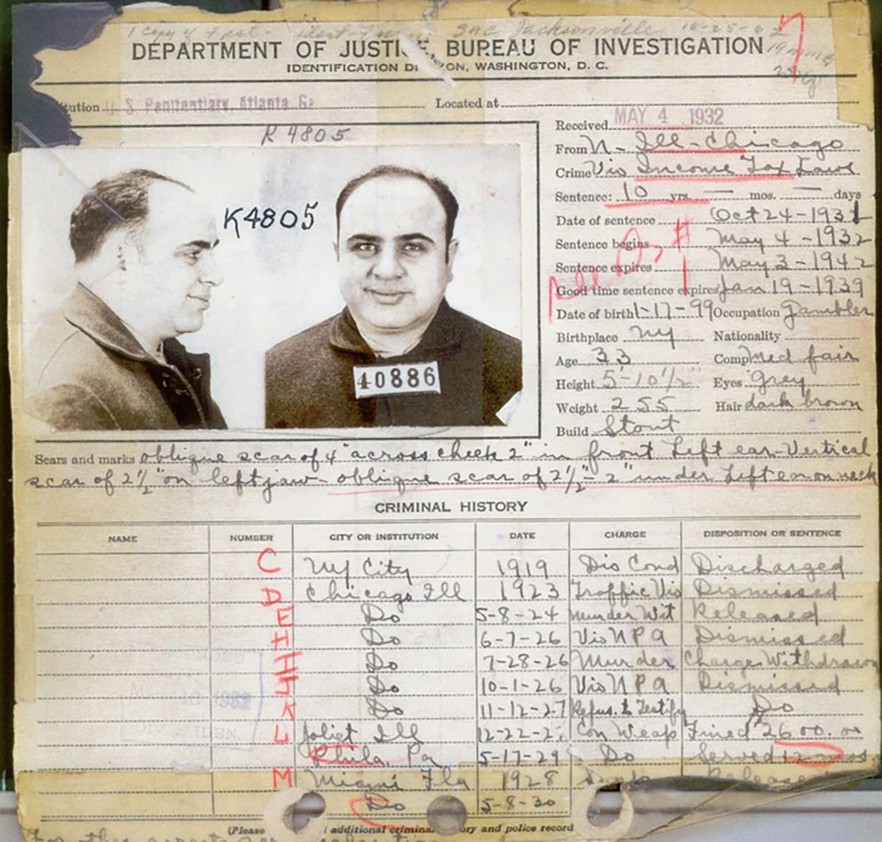 <p>Тюремное досье Аль Капоне, арестованного в 1932 году</p>