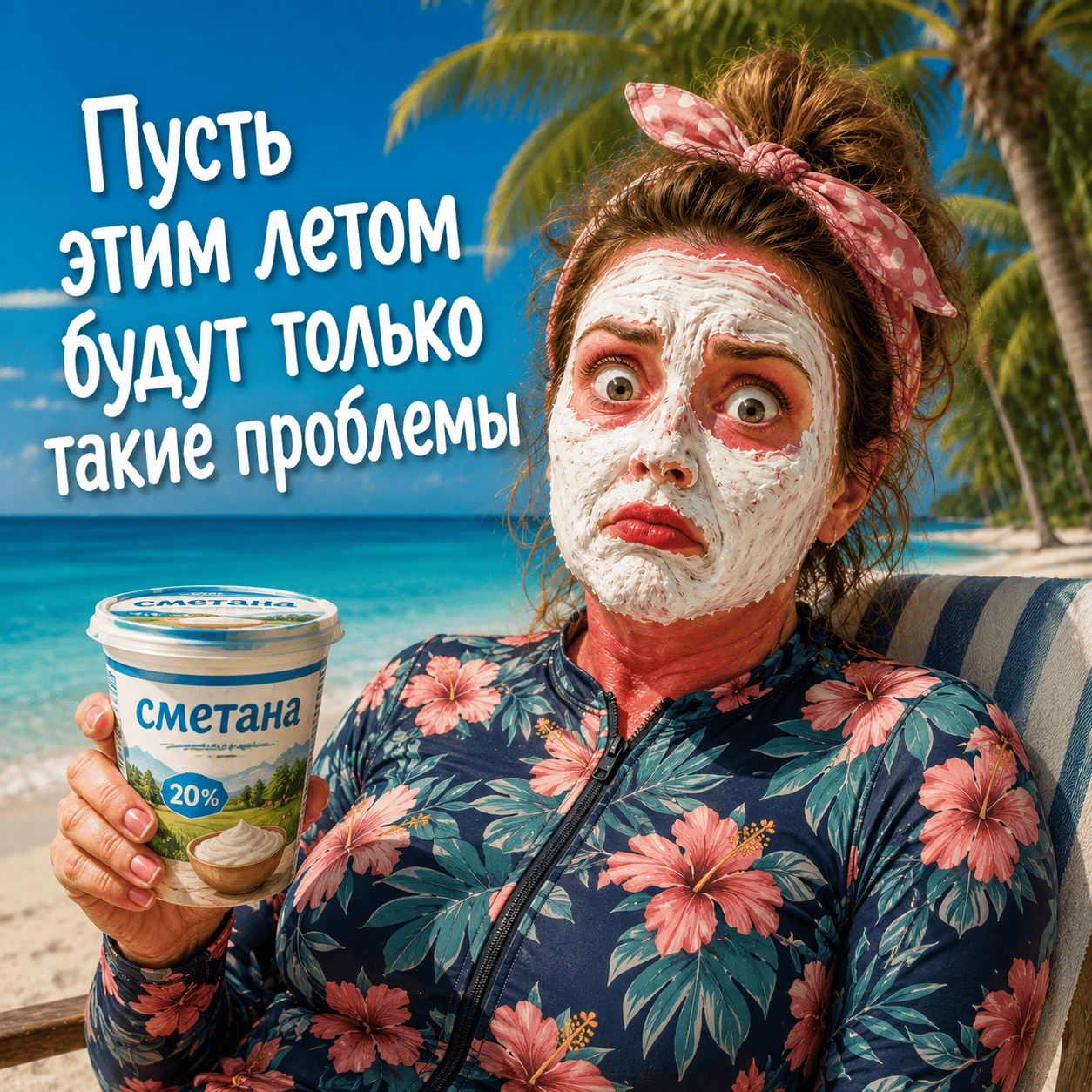 Смешная открытка с обгоревшей женщиной на пляже и надписью «Пусть этим летом будут только такие проблемы!»