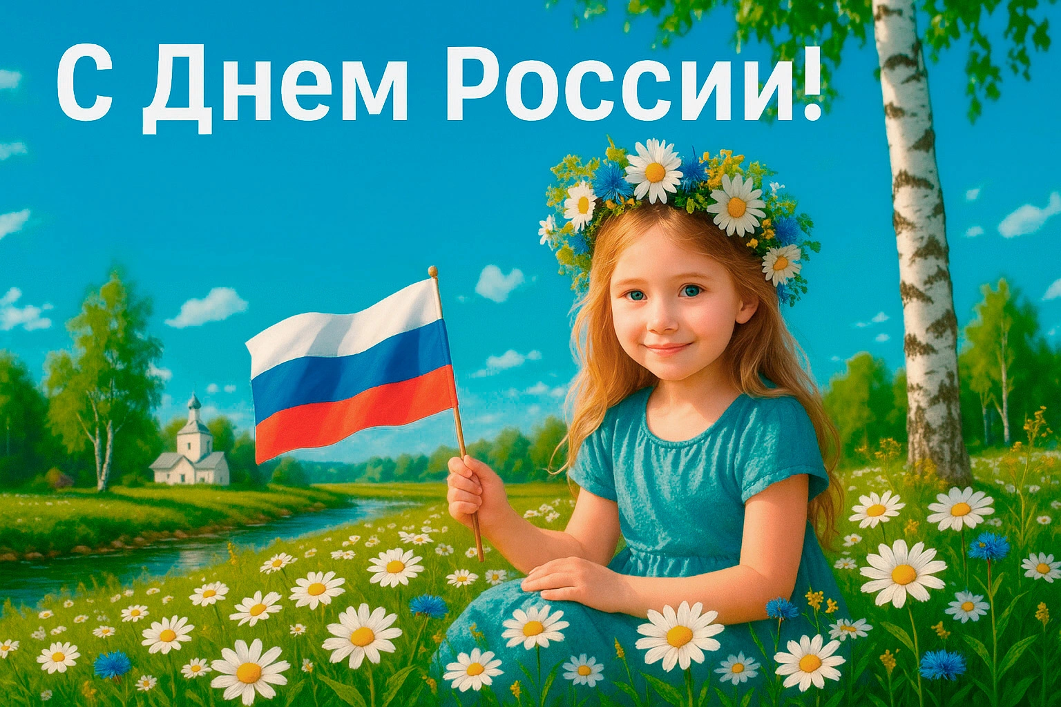 Открытка с девочкой в поле ромашек