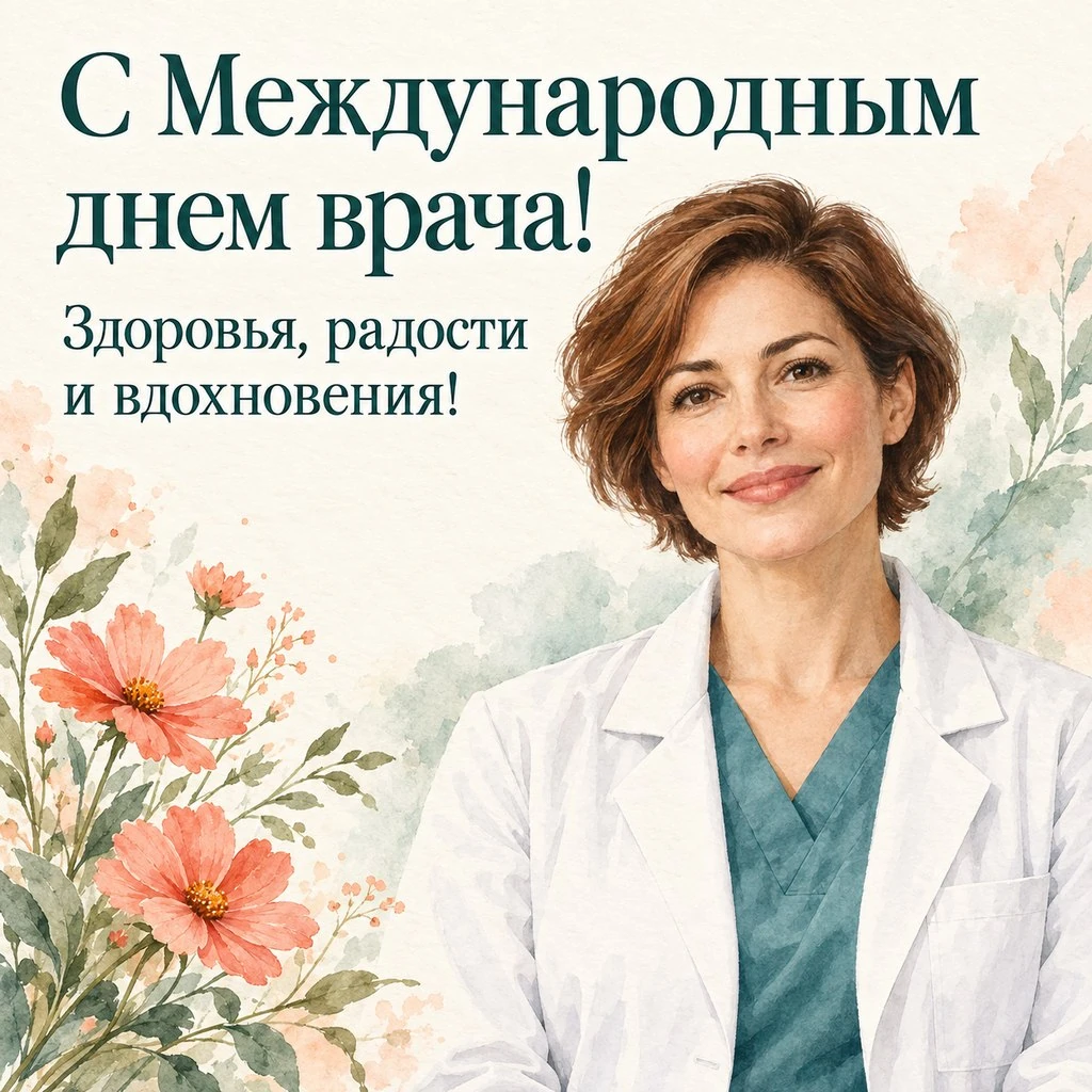 Акварельная открытка к Международному дню врача женщине