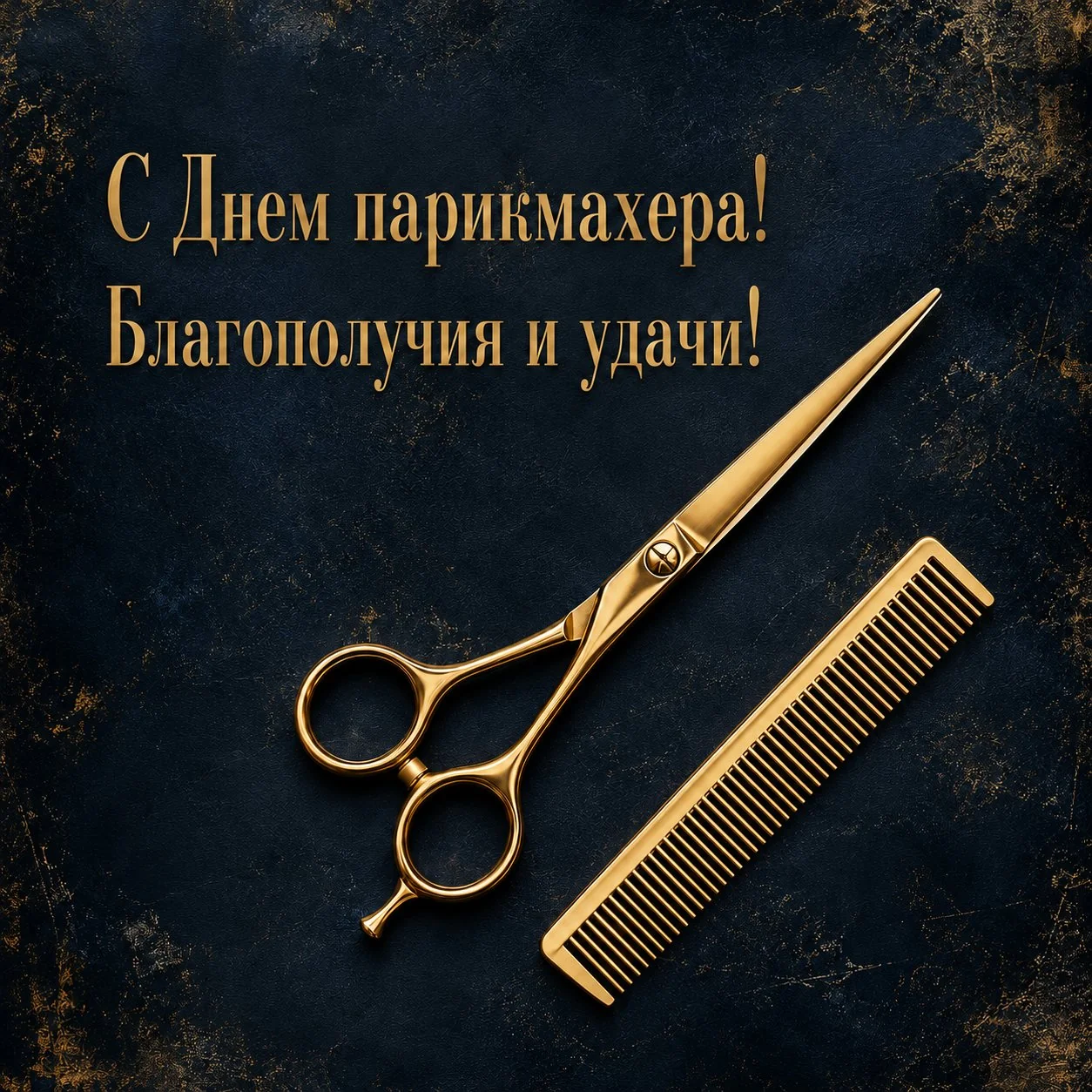 Стильная открытка с Днем парикмахера мужчине с золотыми инструментами