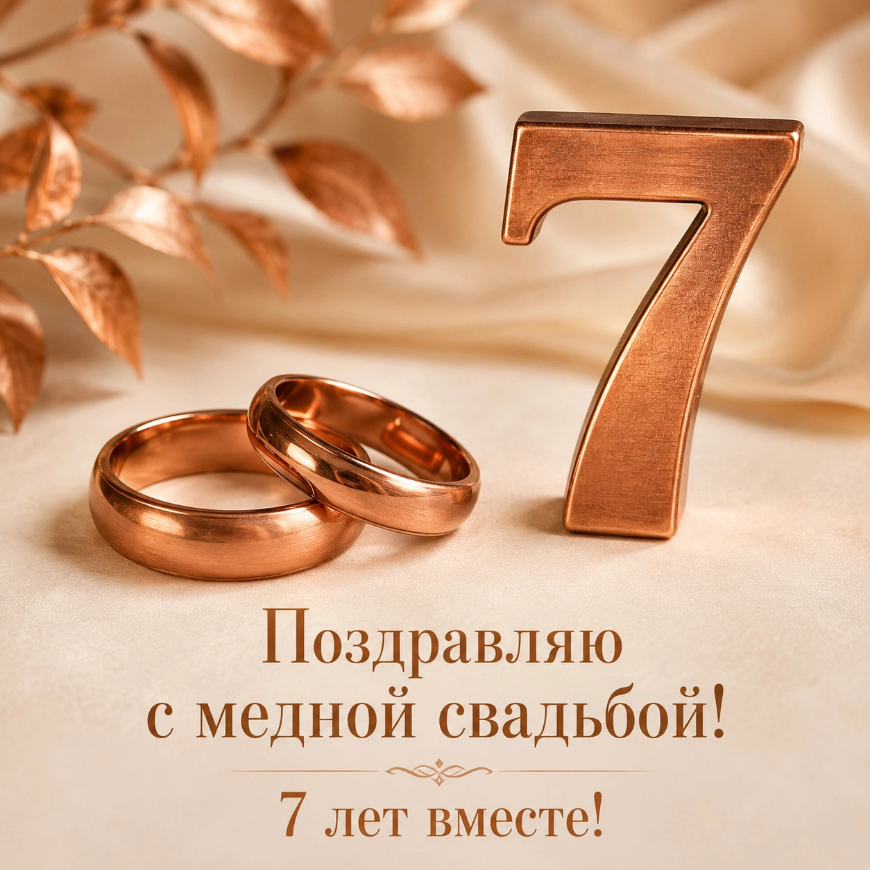 Светлая открытка жене с поздравлением «С медной свадьбой! 7 лет вместе!»