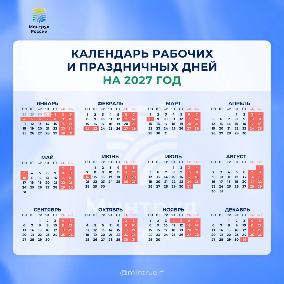 Как россияне будут отдыхать в 2027 году. Минтруд представил календарь