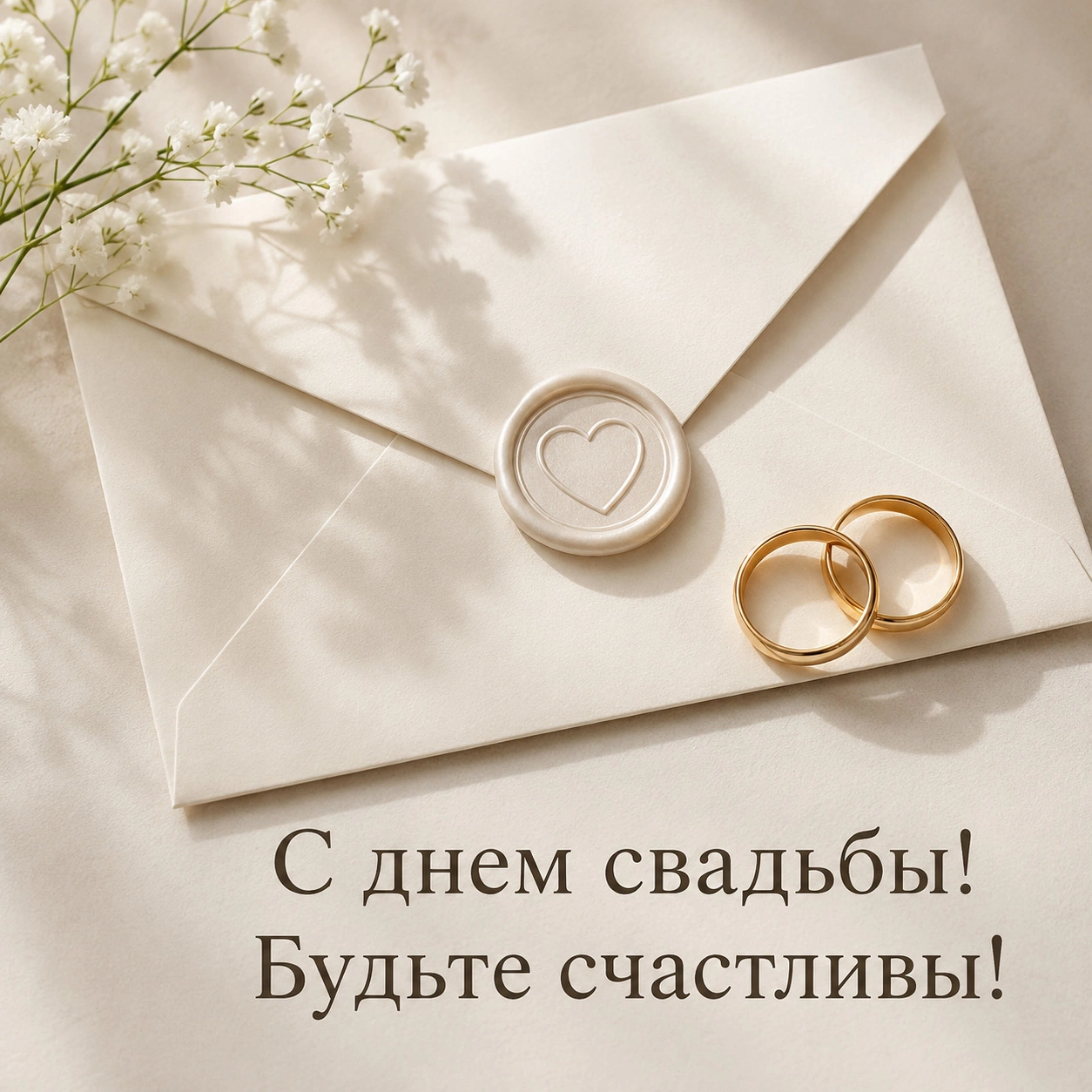 Элегантная открытка с надписью «С днем свадьбы! Будьте счастливы!»