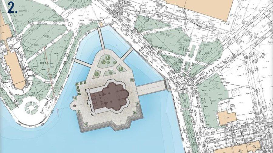 Проект размещения храма Святой Екатерины в акватории пруда.