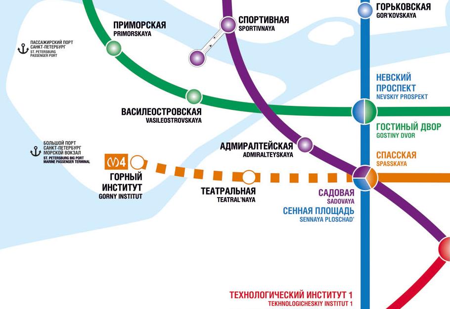 Схема западного отрезка&nbsp;​Лахтинско-Правобережной линии метро