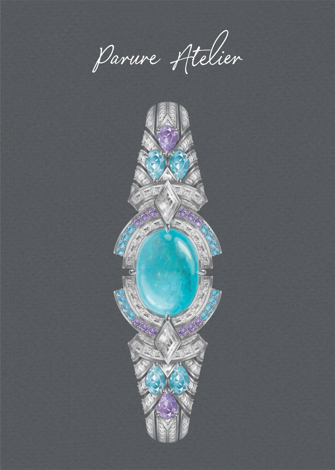 Браслет с турмалином параиба, аквамаринами, топазами, сапфирами и бриллиантами, Parure Atelier. Эскиз