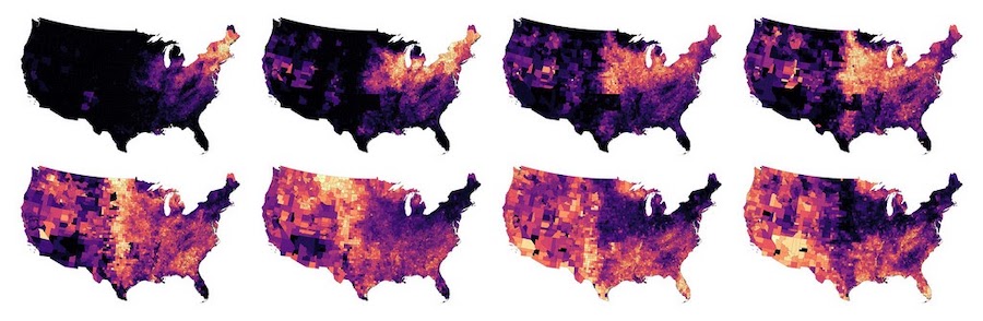 ГИС-карты возраста жилой застройки в сельских районах США. По часовой стрелке от верхнего левого угла они отображают период до 1860 года, 1860-1879 гг., 1880-е, 1890-е, 1900-е, 1910-е, 1920-е и 1930-е годы. Карты созданы в QGIS