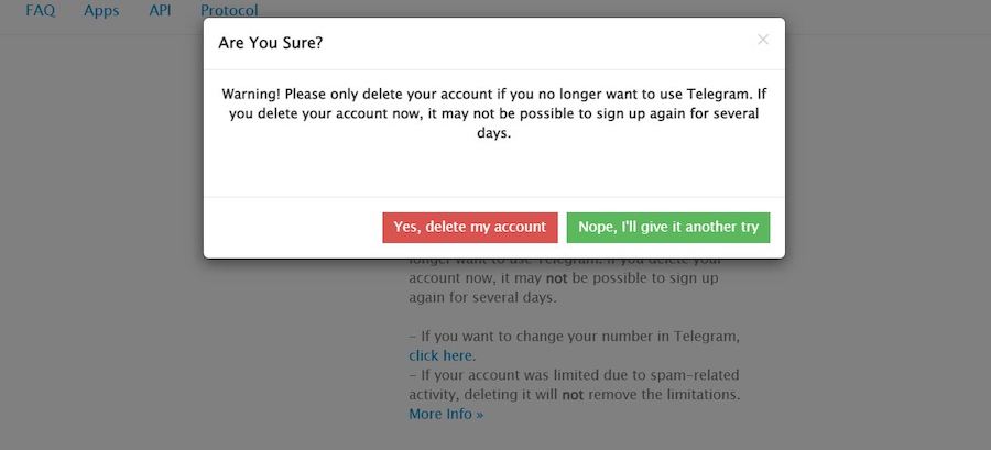 Окно подтверждения удаления аккаунта Telegram (&laquo;Телеграм&raquo;)

