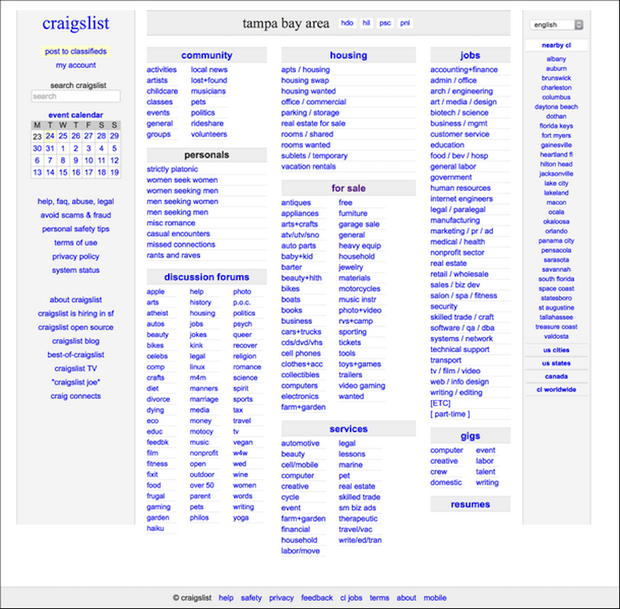Стиль сайта 1990-х у платформы объявлений Сraigslist