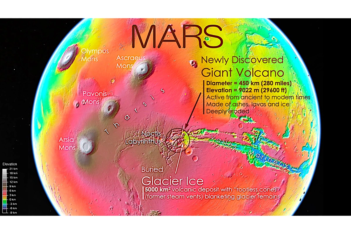 Вулкан Ноктис в экваториальной зоне Марса, рядом с которым могут располагаться льды